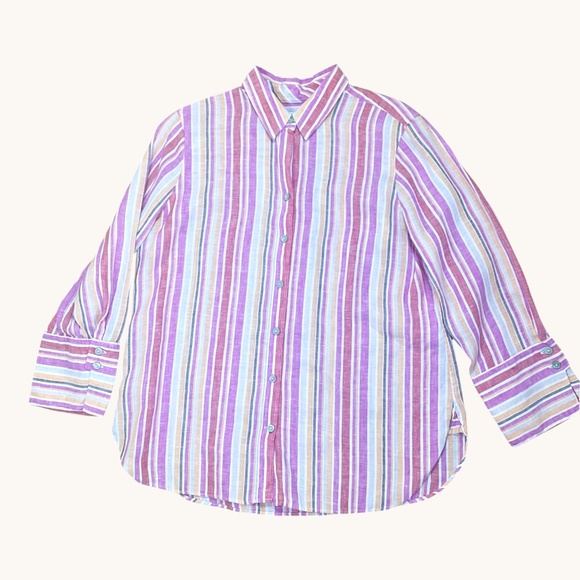 Chico’s Linen Shirt Stripe Button Down Pink Yellow (8) - Picture 6 of 8
